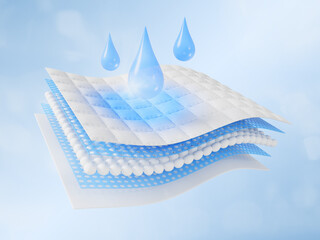 Absorbent fabric texture 3d icon with blue water drops and wet spot, 5 layer effect. Cotton or microfiber material, fiber structure. Absorption baby diaper, sanitary pad, cloth napkin. 3D illustration © marozhkastudio