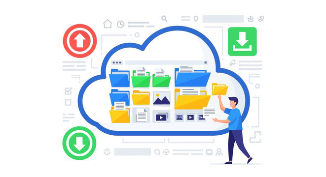 Cloud Storage And Data Management With Upload And Download Icons Vector Illustration
