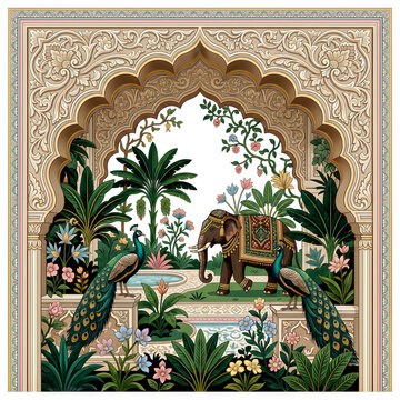 mughal gate design with intricate arches peacocks elephant and lush garden high quality professional detailed modern elegant stylish clean crisp vibrant