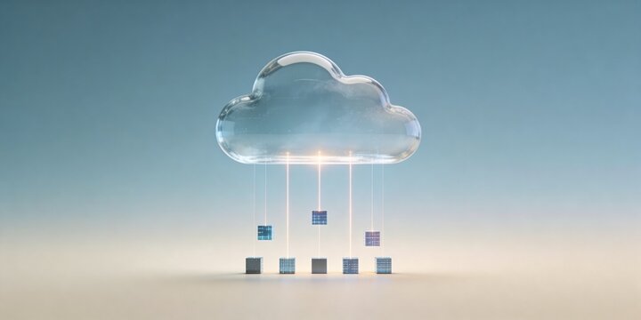 Transparent glass cloud with glowing data cubes and vertical light threads on blue beige technology background with copy space for cloud computing architecture