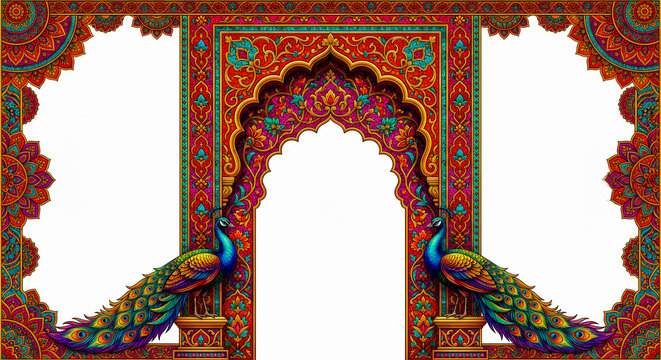 mughal invitation frame with colorful peacocks and intricate floral patterns high quality professional detailed modern elegant stylish clean crisp vibrant digital