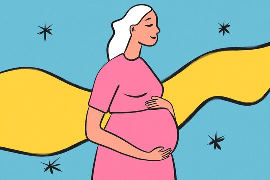 Pregnant woman illustration with stars and flowing ribbon