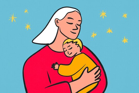 Mother holding sleeping baby in calm night illustration