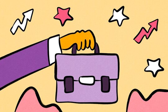 Hand holding briefcase with growth icons in modern style