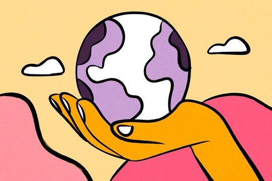 Hand holding globe illustration for global business innovation