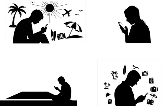 Summer vacation phone addiction , travel elements silhouette.