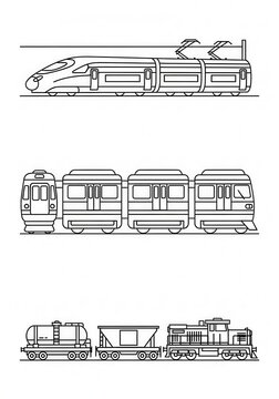 Modern and industrial trains are depicted in this set of black and white line art illustrations.