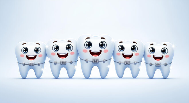 Cute cartoon teeth with braces for pediatric dentistry, orthodontic treatment and dental health.