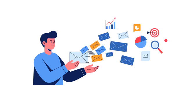 Digital Communication Strategy with Email Marketing and Data Analytics, Illustrating Targeted Campaigns for Business Growth and Online Engagement