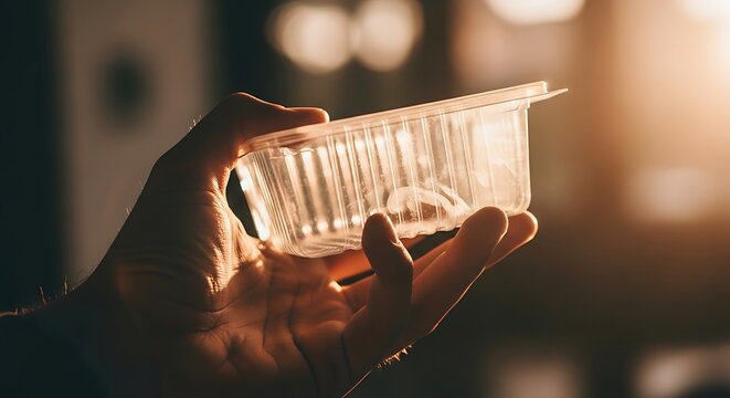 Hand Holding Empty Single Use Plastic Container in Warm Golden Sunlight