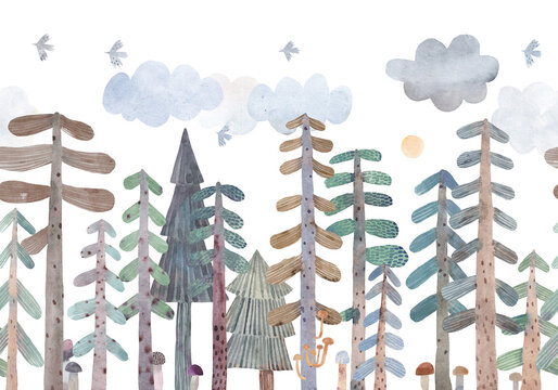 Forest landscape, cute trees, tall firs, mushrooms. Watercolor illustration. Decor for children's room. Wallpaper.