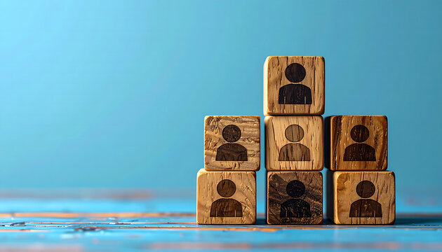 Symbolic representation of business team building and organizational hierarchy with wooden blocks featuring human icons, illustrating leadership, connection, and human resources