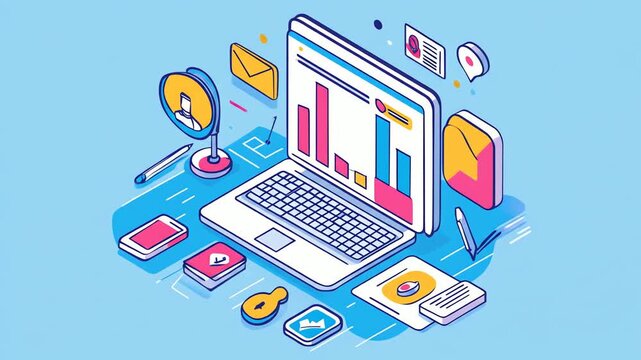 Isometric illustration of laptop with various digital elements