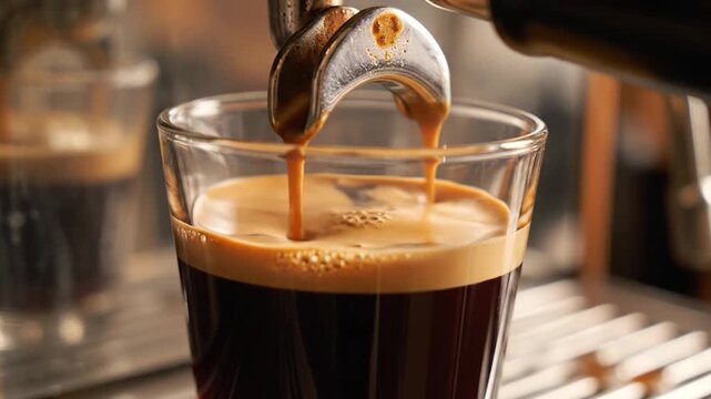 Close-up shot of a coffee machine pouring fresh, hot and aromatic coffee into a transparent glass cup, ready to be enjoyed
