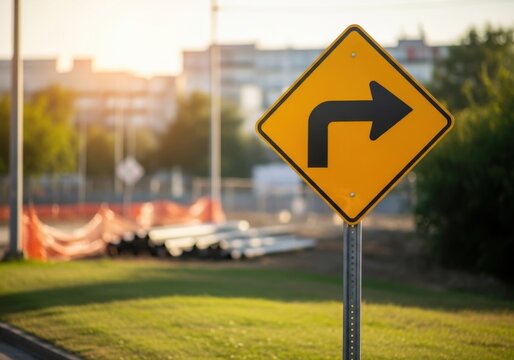 Yellow road sign indicating mandatory right turn and lane merge on urban street during construction