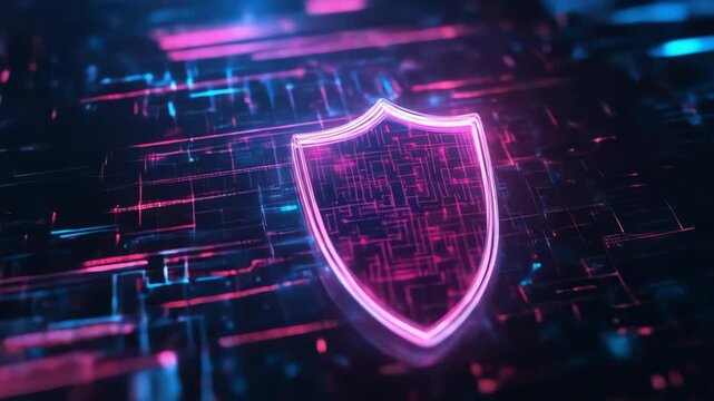 Neon shield icon on digital circuit board background protection concept