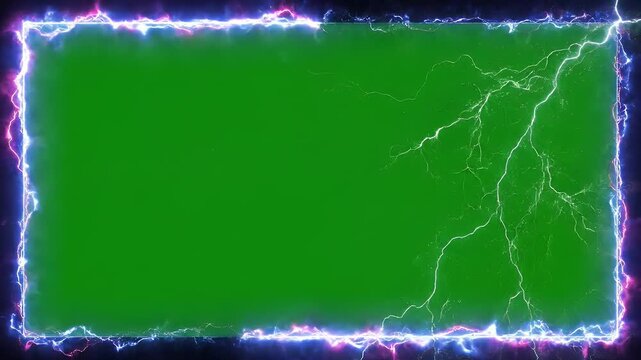 A vibrant green screen background is dramatically framed by a dynamic display of electric blue and pink lightning bolts, creating a visually striking and futuristic effect.