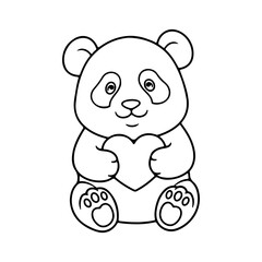 Fototapeta premium Outline drawing of a cute panda holding heart with big rounded shapes Vector illustration