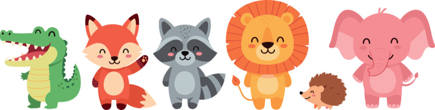 Adorable wild animals set featuring crocodile fox raccoon lion hedgehog and pink elephant standing together on white background