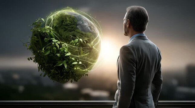 Businessman viewing holographic Earth with green nature vines