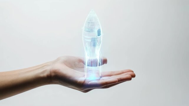 A holographic rocket model glowing blue above an open palm against a plain light background
