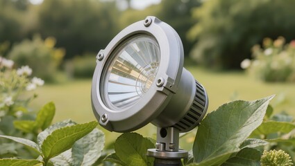 Naklejka premium Outdoor led spotlight installed in a green garden for landscape lighting. Modern aluminum lamp among plants. Concept of park illumination, backyard security, and exterior garden design