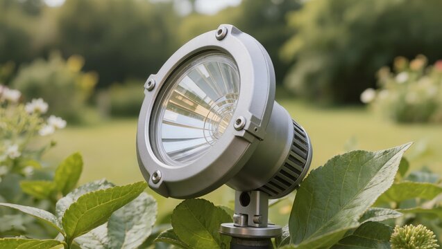 Outdoor led spotlight installed in a green garden for landscape lighting. Modern aluminum lamp among plants. Concept of park illumination, backyard security, and exterior garden design
