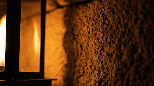 Warm close-up of a glowing lantern beside a rough textured stone wall, creating cozy ambient light and rustic atmosphere with shallow depth of field.