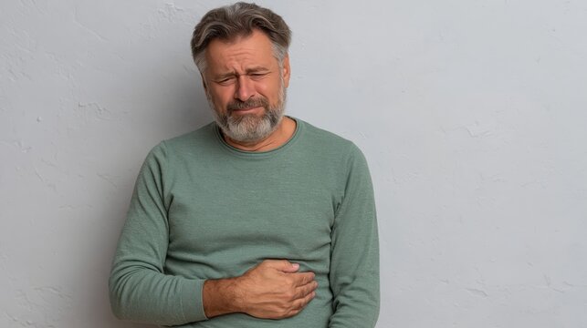 An older man experiences pain in the pelvic area, illustrating symptoms related to prostate issues or urinary bladder conditions.