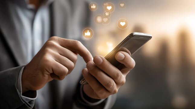 Man holding smartphone with floating likes and hearts