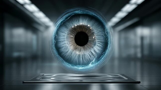 Robotic AI eye and digital ad interface over workspace