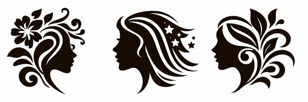 Three compact decorative female face silhouettes with intricate floral and swirl ornamentation on a transparent background. Suitable for beauty logos and feminine design projects.