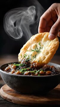Close Up Hand Tearing Bhatura and Dipping in Chole - Vertical Video