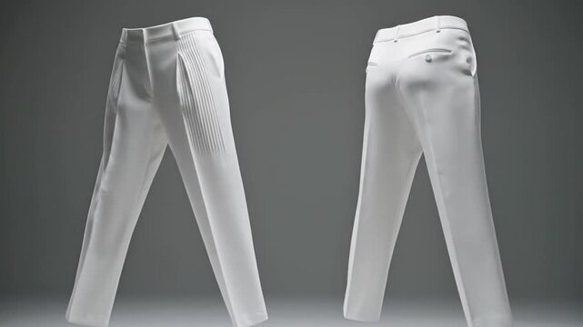 Elegant white trousers displayed against a neutral background, showcasing the front and back views of the garment for fashion design