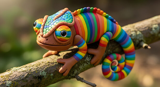 A vibrant rainbow colored chameleon perched on a branch.