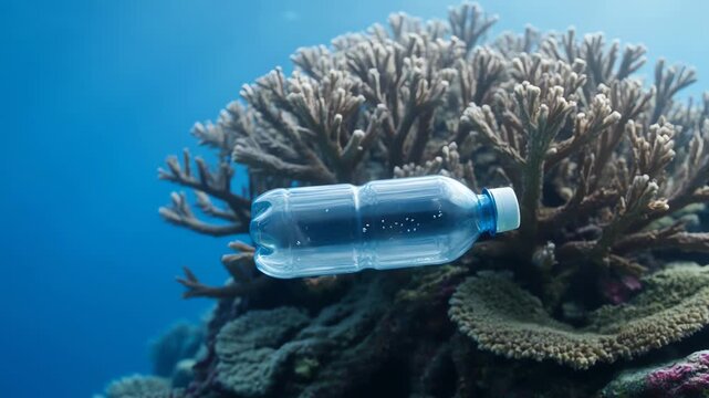 A discarded plastic bottle lies tragically entangled within a vibrant coral reef, starkly illustrating the devastating impact of ocean pollution.