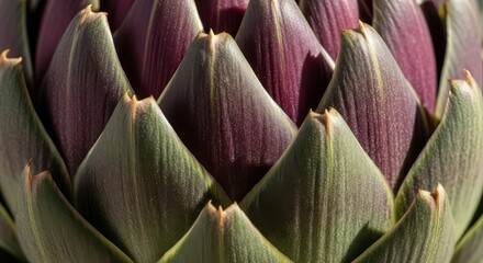 Fototapeta premium Fresh globe artichoke displays intricate purple and green layered bracts in a photograph.