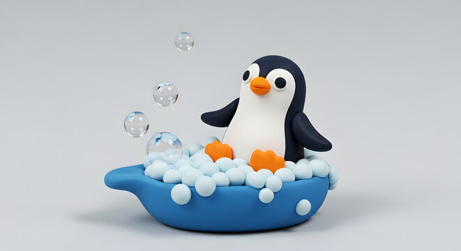 Cute clay penguin character taking a bubble bath.