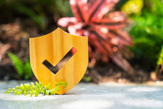 Wooden shield shape with a check mark cutout placed in a garden. Concept of environmental protection, safety security, eco-friendly approval, nature conservation, and trusted quality.