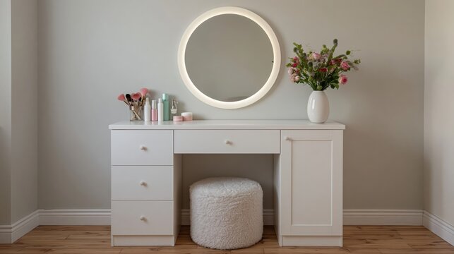 Modern white vanity table featuring a round lighted mirror, makeup tools, and skincare products. A stylish beauty station in a bedroom setting.