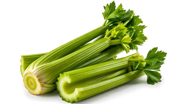 Fresh green celery stalks isolated on white background healthy vegetable food 