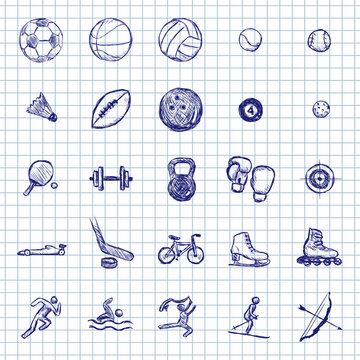 Blue Ink Sketch Set of Sport Icons