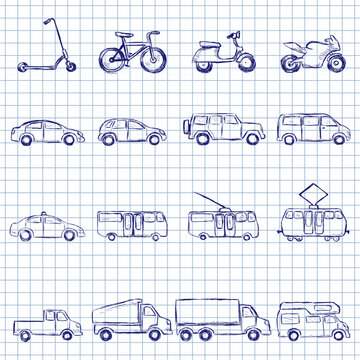 Blue Ink Sketch Set of Transportation Icons