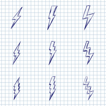 Blue Ink Sketch Set of Thunderbolt Icons