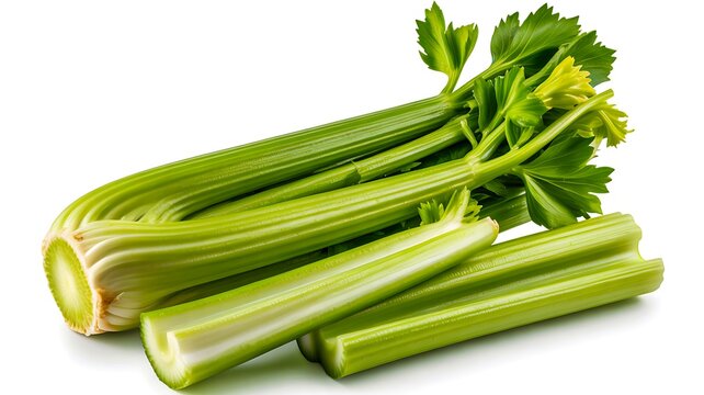 Fresh green celery stalks isolated on white background healthy vegetable food 