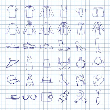 Blue Ink Sketch Set of Clothes Icons