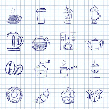 Blue Ink Sketch Set of Coffee Shop Icons