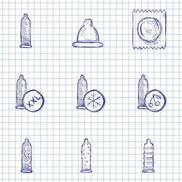 Blue Ink Sketch Set of Condoms Icons