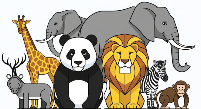 Collection of Diverse Wild Animals Standing Together.