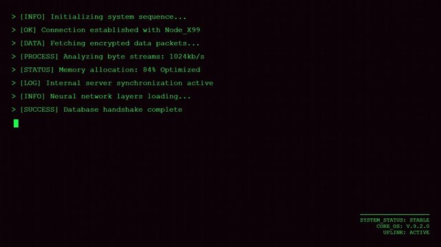 Futuristic Green Computer Terminal Loading Screen with Data Processing Log and System Sequence Command Line Graphics.